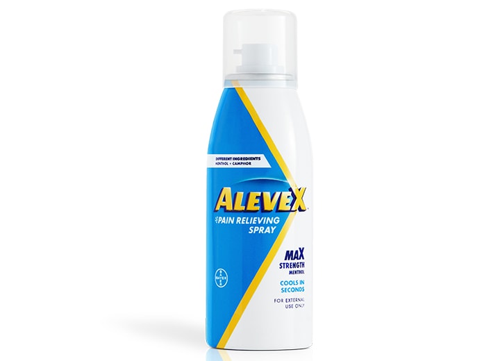 white, blue and yellow can of AleveX™ pain relieving spray