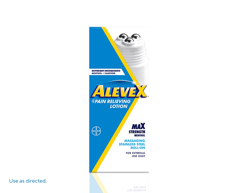 white, blue and yellow box and tube of AleveX™ pain relieving lotion with rollerball applicator